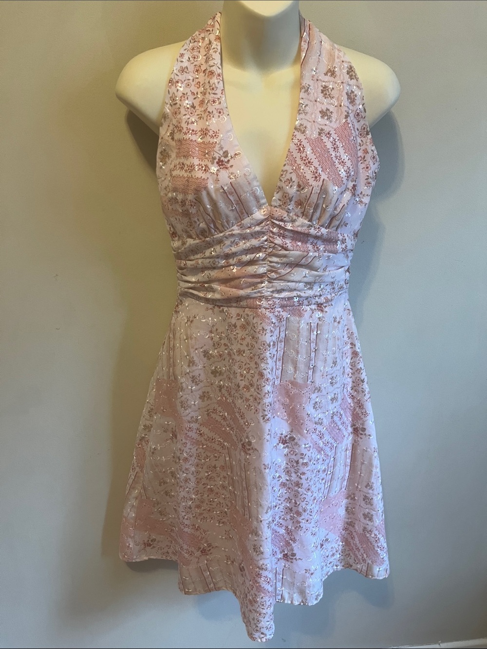 Alyn Paige Light Pink Halter Mini Dress with Embroidered Accents
